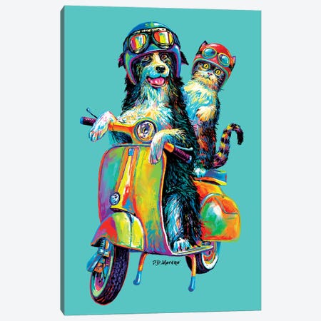 Couple On Scooter In Aqua Canvas Print #PDM96} by P.D. Moreno Canvas Art Print