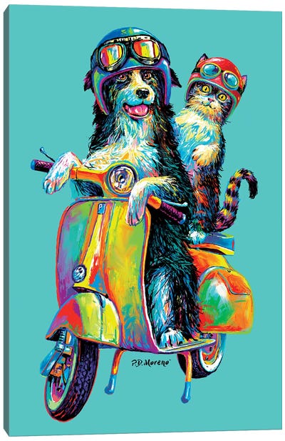 Couple On Scooter In Aqua Canvas Art Print - Scooters