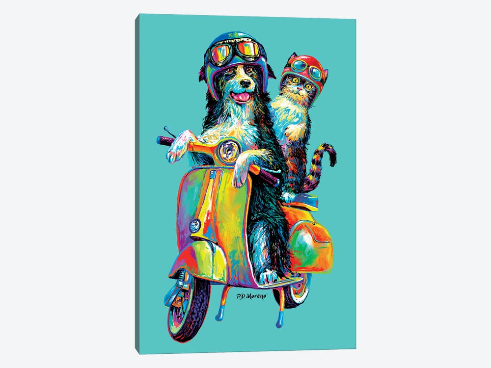 Couple On Scooter In Aqua by P.D. Moreno 1-piece Canvas Wall Art