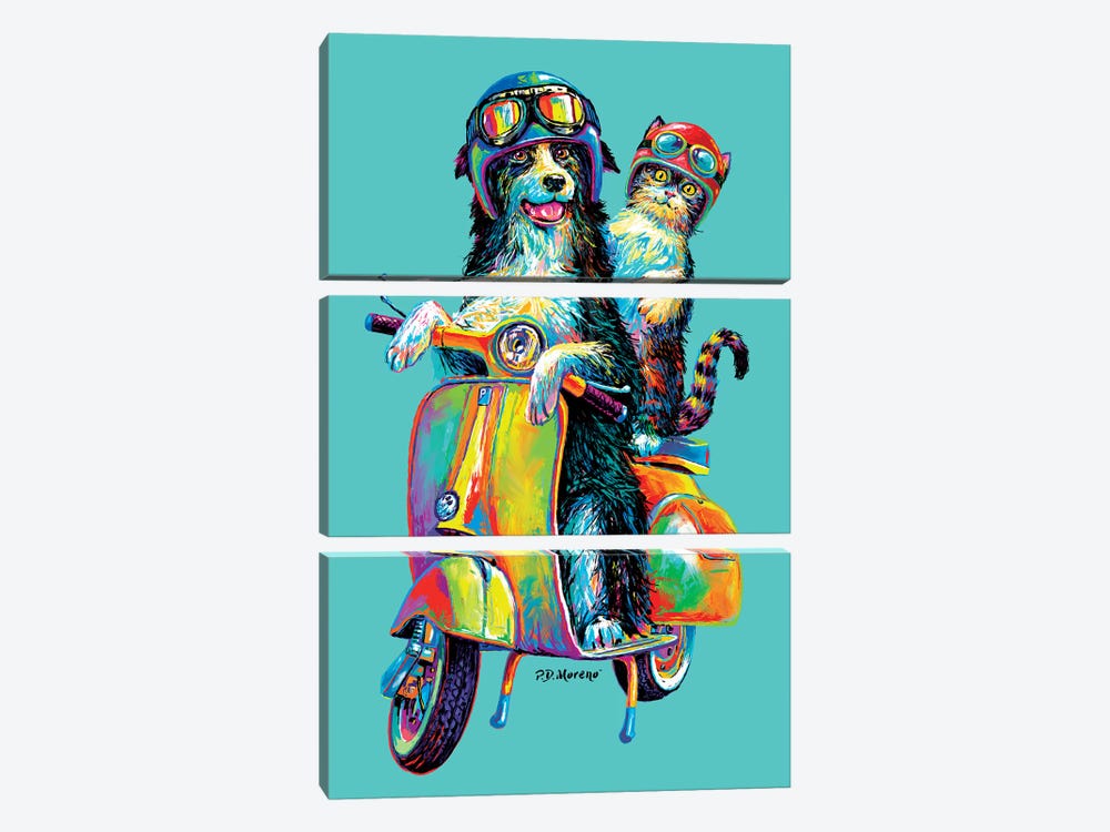 Couple On Scooter In Aqua by P.D. Moreno 3-piece Canvas Artwork