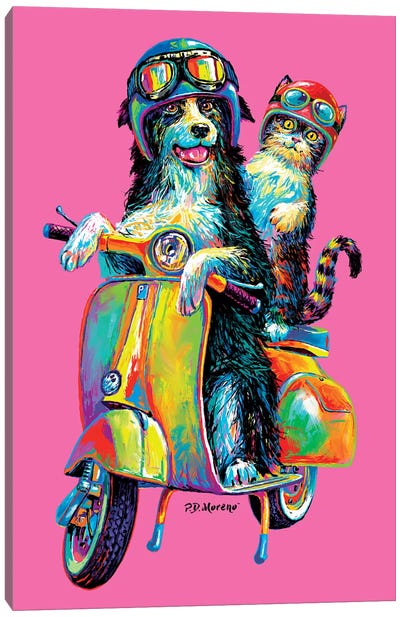 Couple On Scooter In Pink Canvas Art Print - Scooters