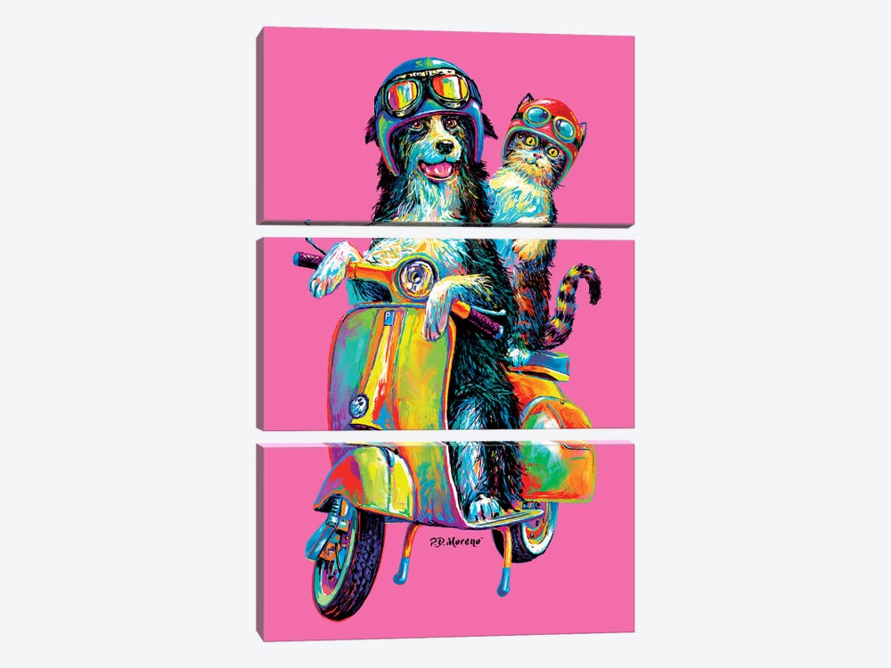 Couple On Scooter In Pink by P.D. Moreno 3-piece Canvas Print