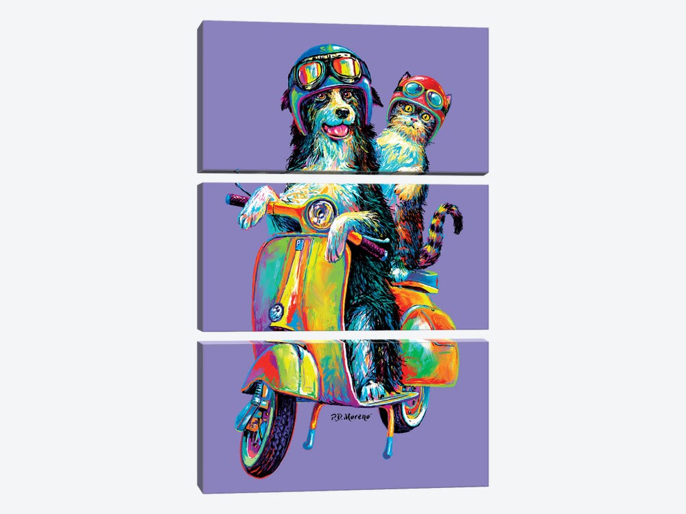 Couple On Scooter In Purple by P.D. Moreno 3-piece Canvas Wall Art