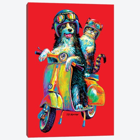 Couple On Scooter In Red Canvas Print #PDM99} by P.D. Moreno Canvas Wall Art