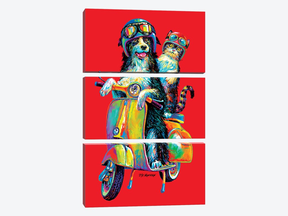 Couple On Scooter In Red by P.D. Moreno 3-piece Canvas Art Print