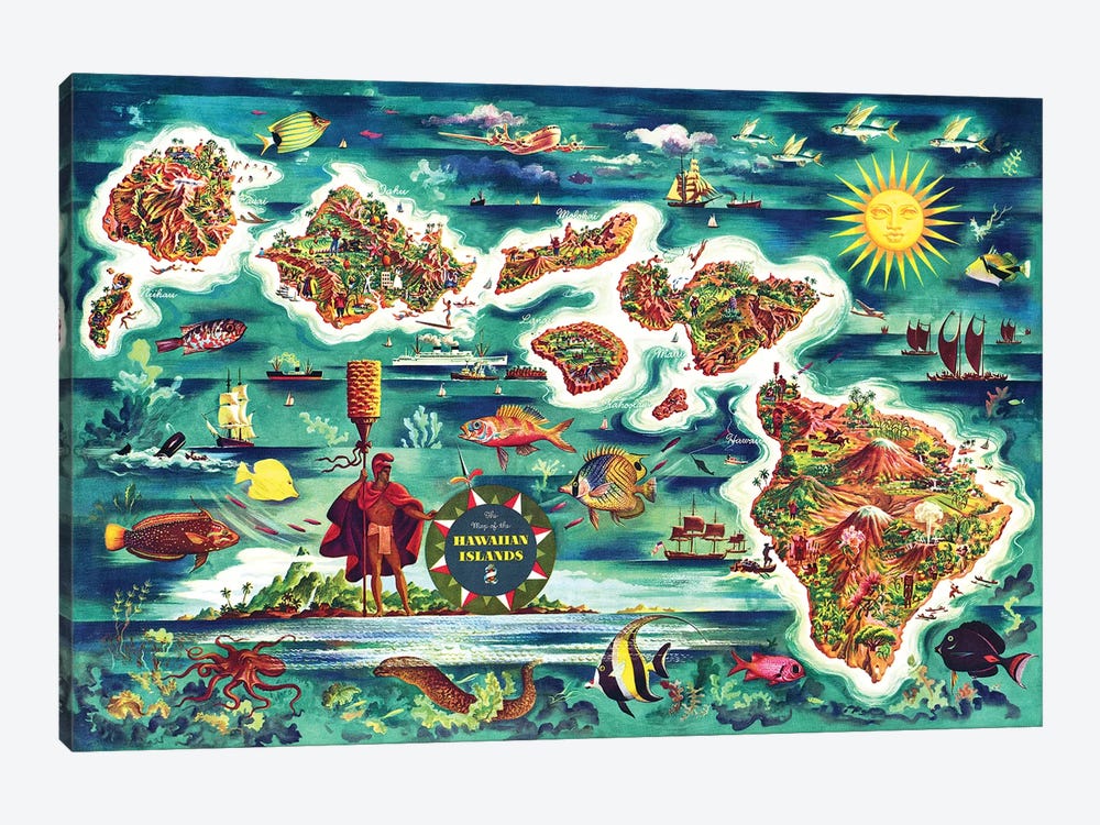 Retro Map of the Hawaiian Islands by Piddix 1-piece Art Print
