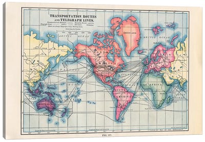 Transportation Routes Vintage Map Canvas Art Print - World Map Art