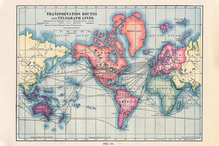 Transportation Routes Vintage Map by Piddix canvas print