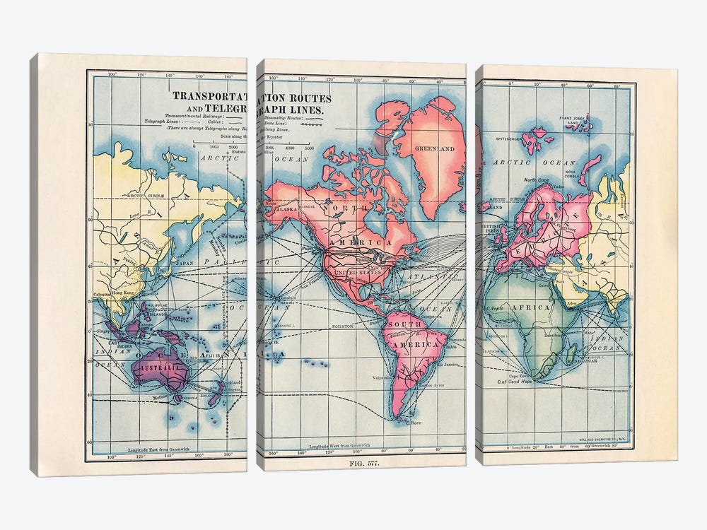 Transportation Routes Vintage Map by Piddix 3-piece Canvas Art