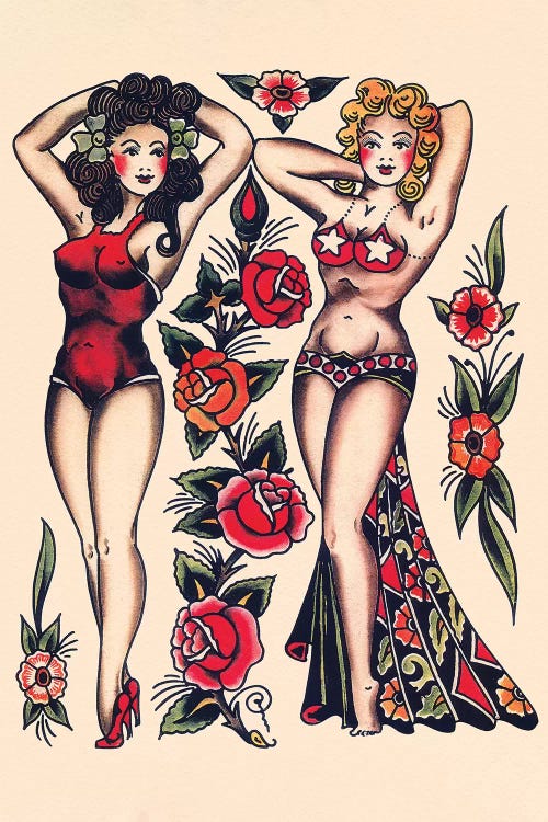 Two Beautiful Women, Vintage Tatooo Flash by Norman Collins, aka, Sailor Jerry