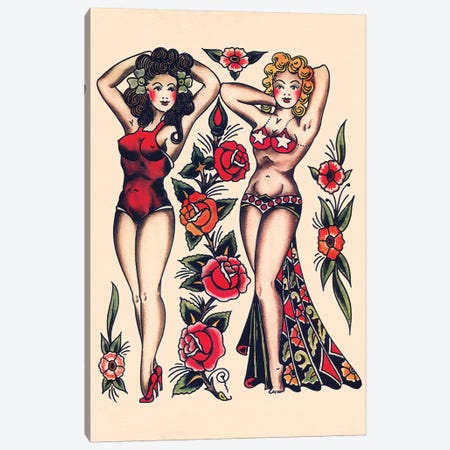 Two Beautiful Women, Vintage Tatooo Flash by Norman Collins, aka, Sailor Jerry Canvas Print #PDX132} by Piddix Canvas Wall Art