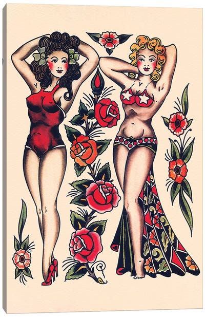 Two Beautiful Women, Vintage Tatooo Flash by Norman Collins, aka, Sailor Jerry Canvas Art Print - Tattoo Parlor