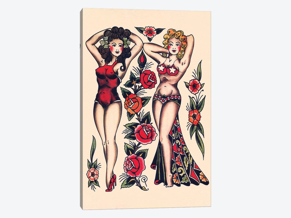 Two Beautiful Women, Vintage Tatooo Flash by Norman Collins, aka, Sailor Jerry by Piddix 1-piece Canvas Art