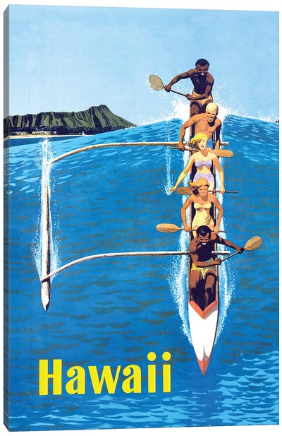 Waikiki Beach Hawaiian Vintage Travel Poster Canvas Art Print - Canoe Art