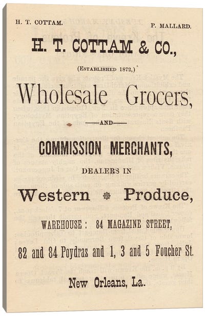 Wholesale Grocers and Western Produce, New Orleans Canvas Art Print - Piddix