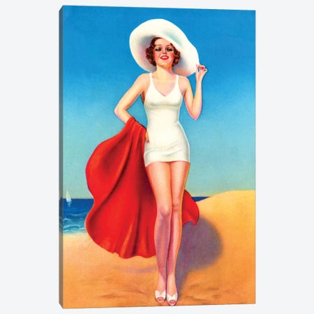 Beach Babe Pin-Up by Billy Devorss Canvas Print #PDX23} by Piddix Canvas Wall Art