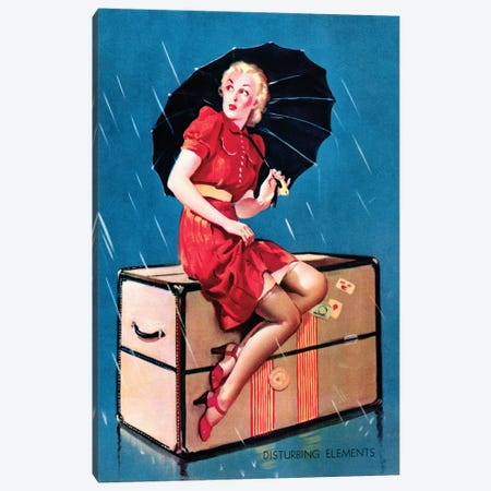 Disturbing Elements Retro Pin-Up Girl in Rain with Umbrella by Gil Elvgren Canvas Print #PDX46} by Piddix Canvas Print
