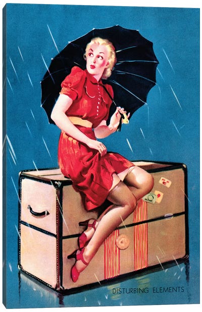 Disturbing Elements Retro Pin-Up Girl in Rain with Umbrella by Gil Elvgren Canvas Art Print - Pin-Up Art