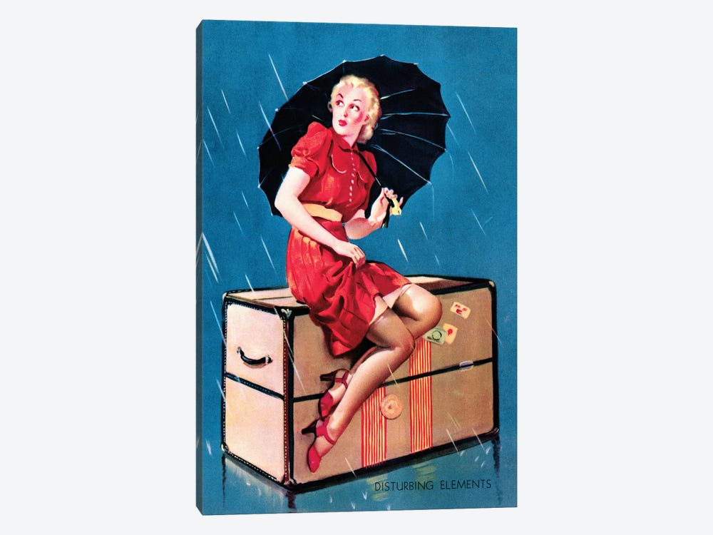 Disturbing Elements Retro Pin-Up Girl in Rain with Umbrella by Gil Elvgren by Piddix 1-piece Canvas Artwork