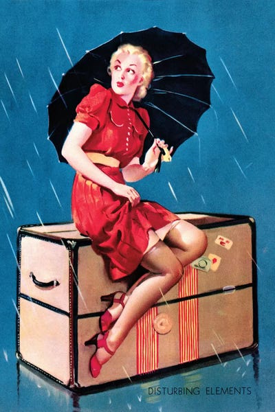 Disturbing Elements Retro Pin-Up Girl in Rain with Umbrella by Gil Elvgren