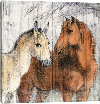 Farmhouse Horses on Wood Canvas Art Print - Piddix