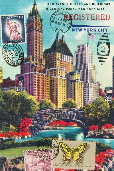 Fifth Avenue in Central Park, New York City Vintage Postcard Collage by Piddix canvas print