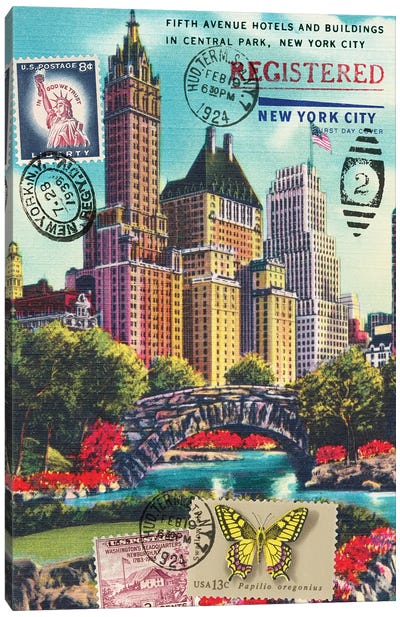 Fifth Avenue in Central Park, New York City Vintage Postcard Collage Canvas Art Print - Central Park