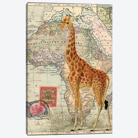 Giraffe on Vintage Map of Africa Canvas Print #PDX59} by Piddix Art Print