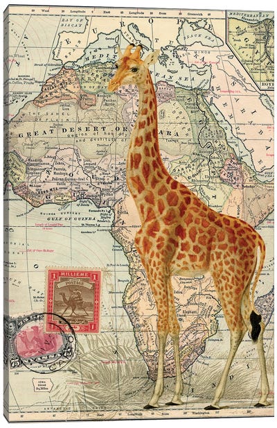Giraffe on Vintage Map of Africa Canvas Art Print - Piddix
