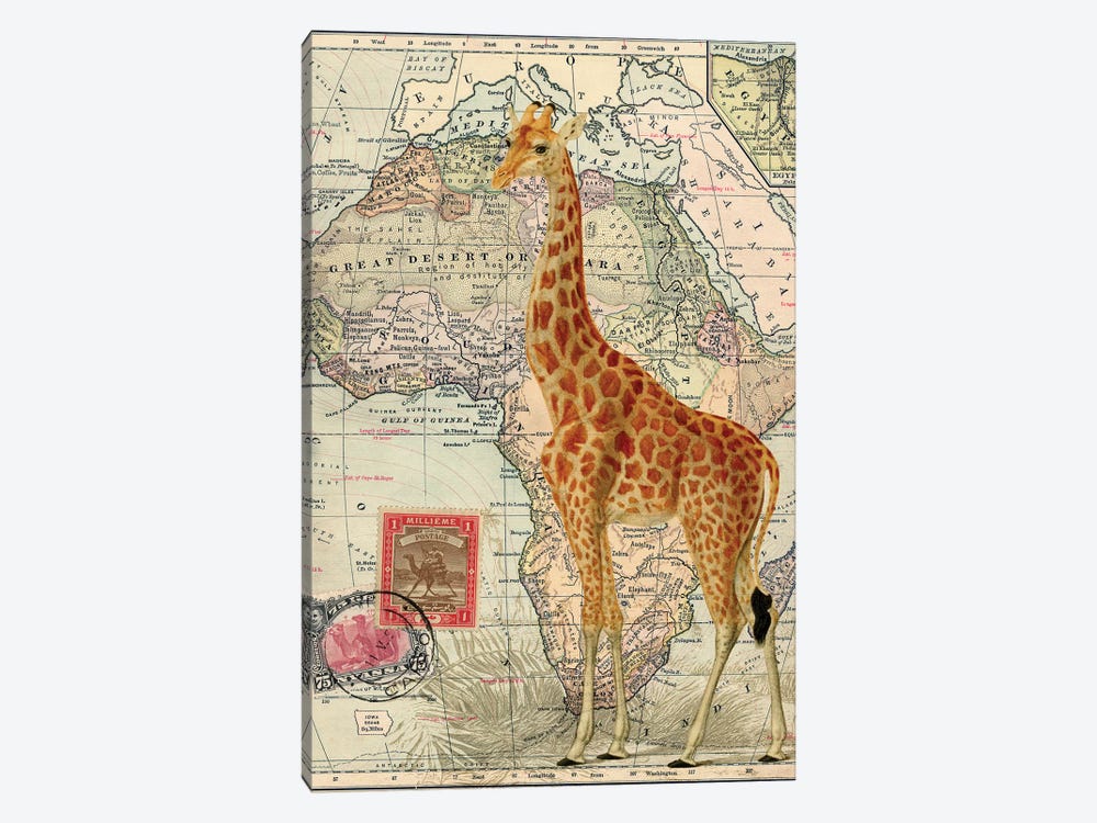 Giraffe on Vintage Map of Africa by Piddix 1-piece Canvas Art