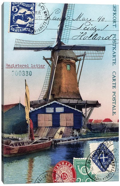 Holland Windmill Vintage Postcard Collage Canvas Art Print - Piddix