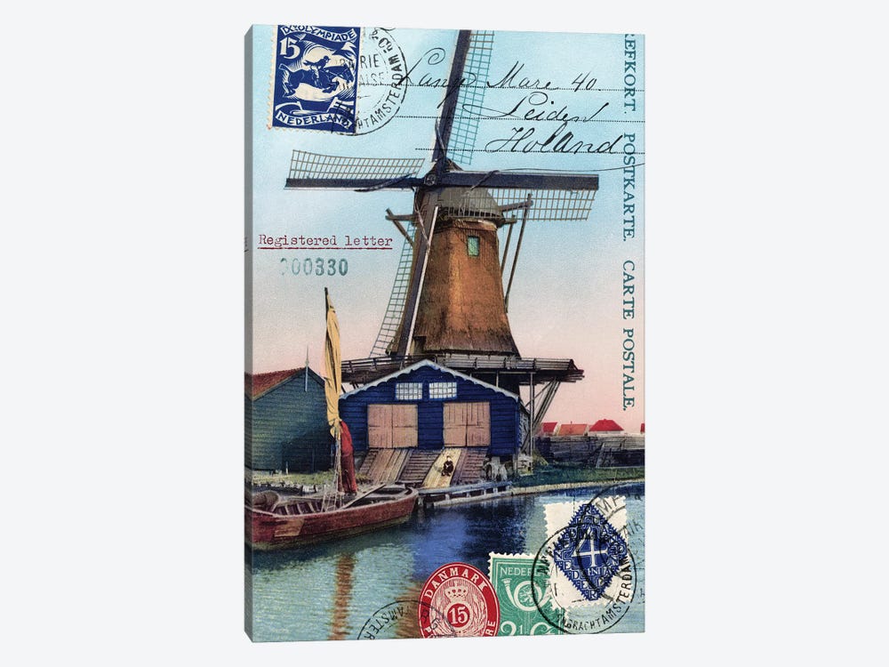 Holland Windmill Vintage Postcard Collage by Piddix 1-piece Canvas Artwork
