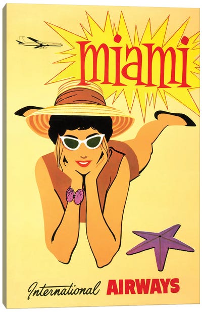 Miami Vintage Travel Poster, International Airways Canvas Art Print - Piddix