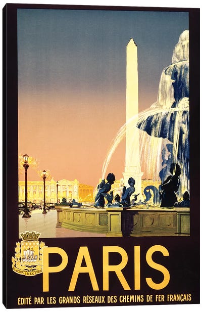 Place de la Concorde, Paris, France Travel Poster, c1930 Canvas Art Print - Paris Typography