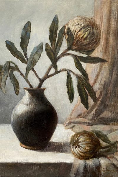 Pottery Still Life: Black Vase And Banksia 2 by Anna Speirs