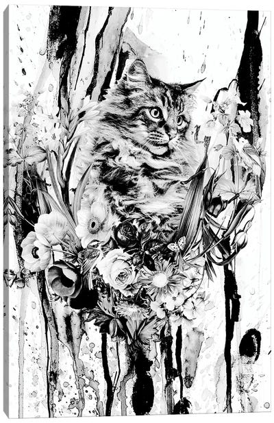 Cat In Flowers Canvas Art Print - Riza Peker