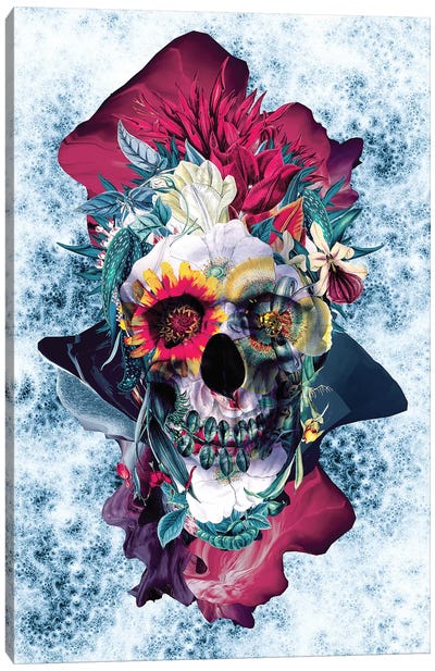 Floral Skull Blue Canvas Art Print - Riza Peker