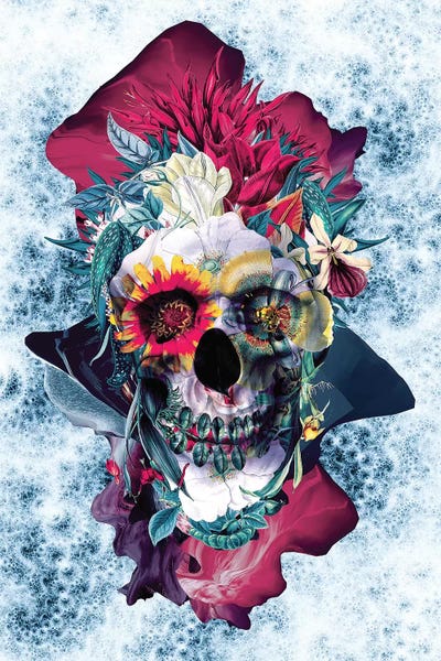 Skulls: Floral Skull Blue by Riza Peker