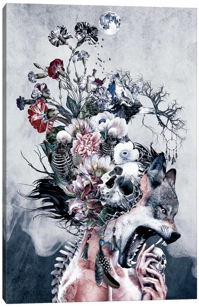 Wolf And Skulls Canvas Art Print - Floral Portrait Art