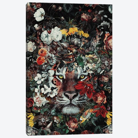 Flower Tiger Dark Canvas Print #PEK207} by Riza Peker Canvas Wall Art