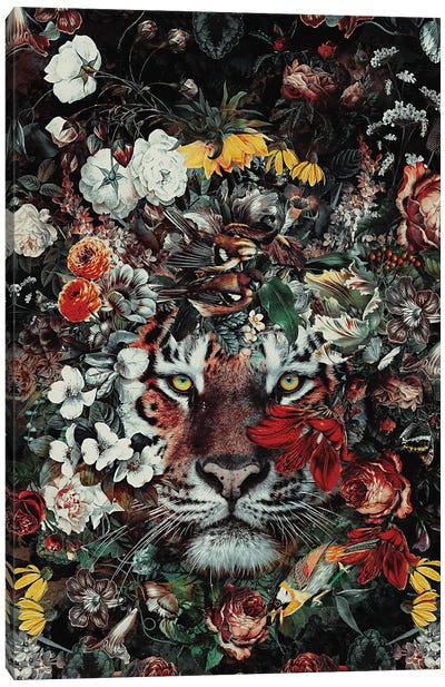Flower Tiger Dark Canvas Art Print - Riza Peker
