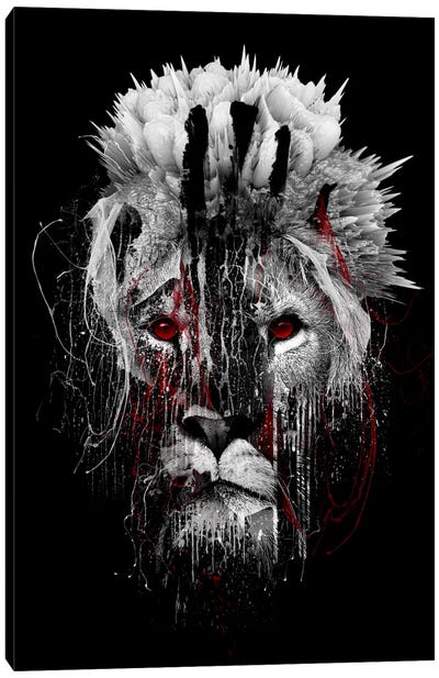 Red-Eyed Lion Canvas Art Print - Black, White & Red Art