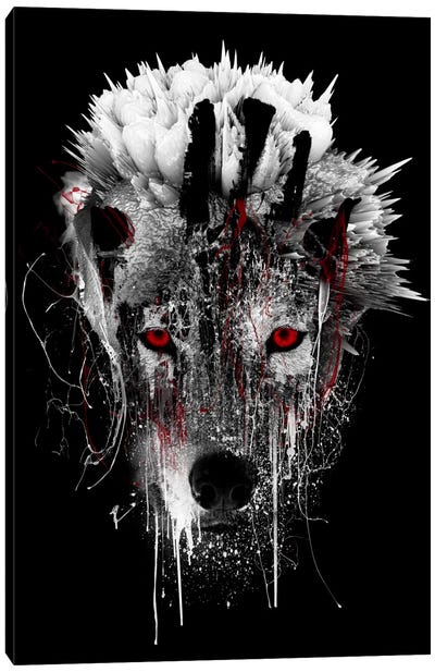 Red-Eyed Wolf Canvas Art Print - Black, White & Red Art