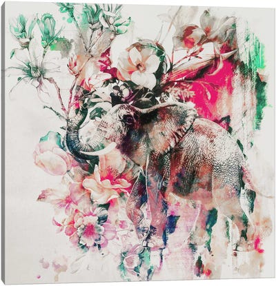 Watercolor Elephant And Flowers Canvas Art Print - Riza Peker