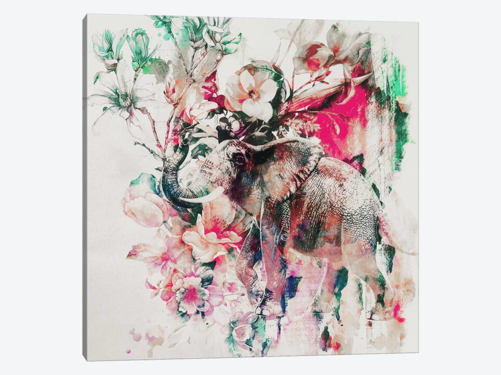 Watercolor Elephant And Flowers by Riza Peker 1-piece Canvas Artwork
