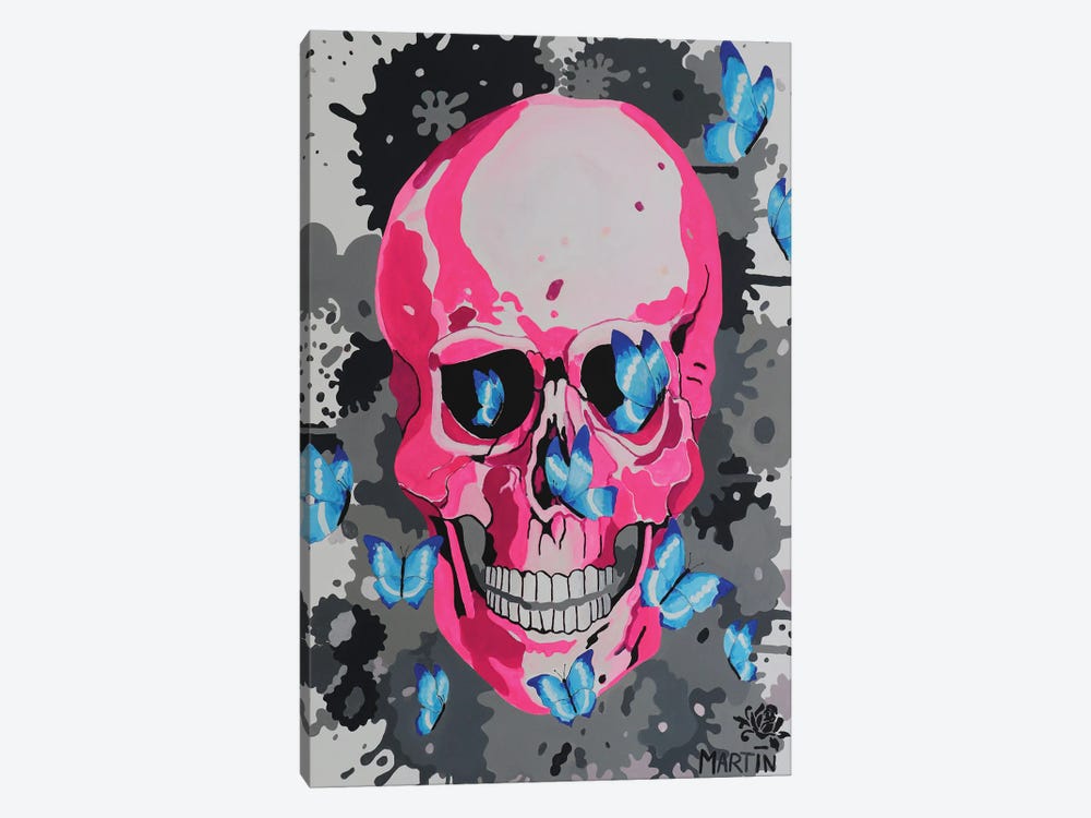 Pink Skull And Butterflies by Peter Martin 1-piece Canvas Art Print