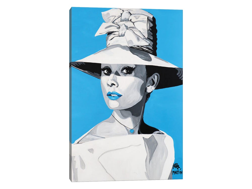 Framed Canvas Art - Audrey Hepburn Blue by Peter Martin ( People > celebrities > actors & actresses > Audrey Hepburn art) - 40x26 in