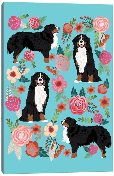 Bernese Mountain Dog Floral Collage Canvas Art Print - Bernese Mountain Dogs