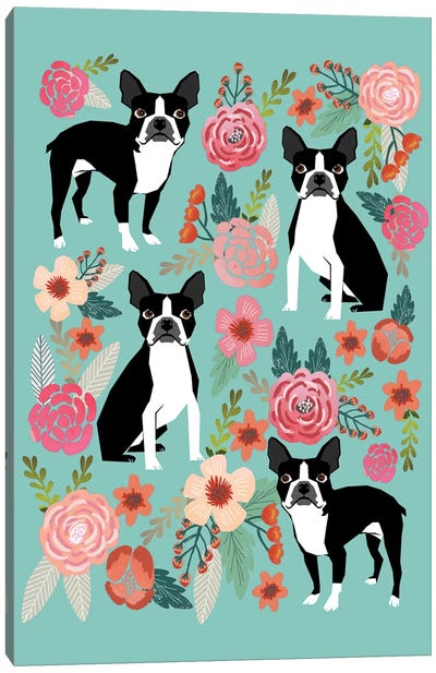 Boston Terrier Floral Collage I Canvas Art Print - Pet Friendly