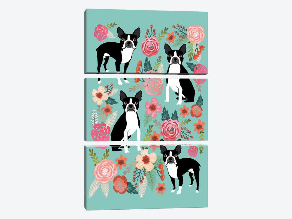 Boston Terrier Floral Collage I by Pet Friendly 3-piece Canvas Art Print
